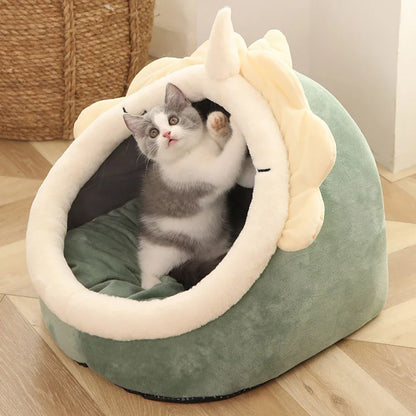 Cozy Cave Cat Bed – Soft Foldable Semi-Enclosed Pet Bed with Removable Washable Cushion