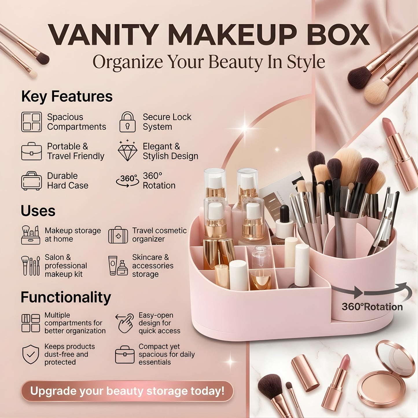 360° Rotating Desk Organizer Vanity Makeup Box